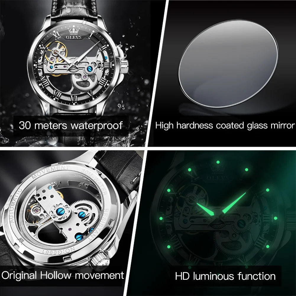 OLEVS 6661 Top Brand Automatic Mechanical Watch For Men Hollow Skeleton Roman Scale Man Watches Waterproof Business Wrist Watch Brief Boxers