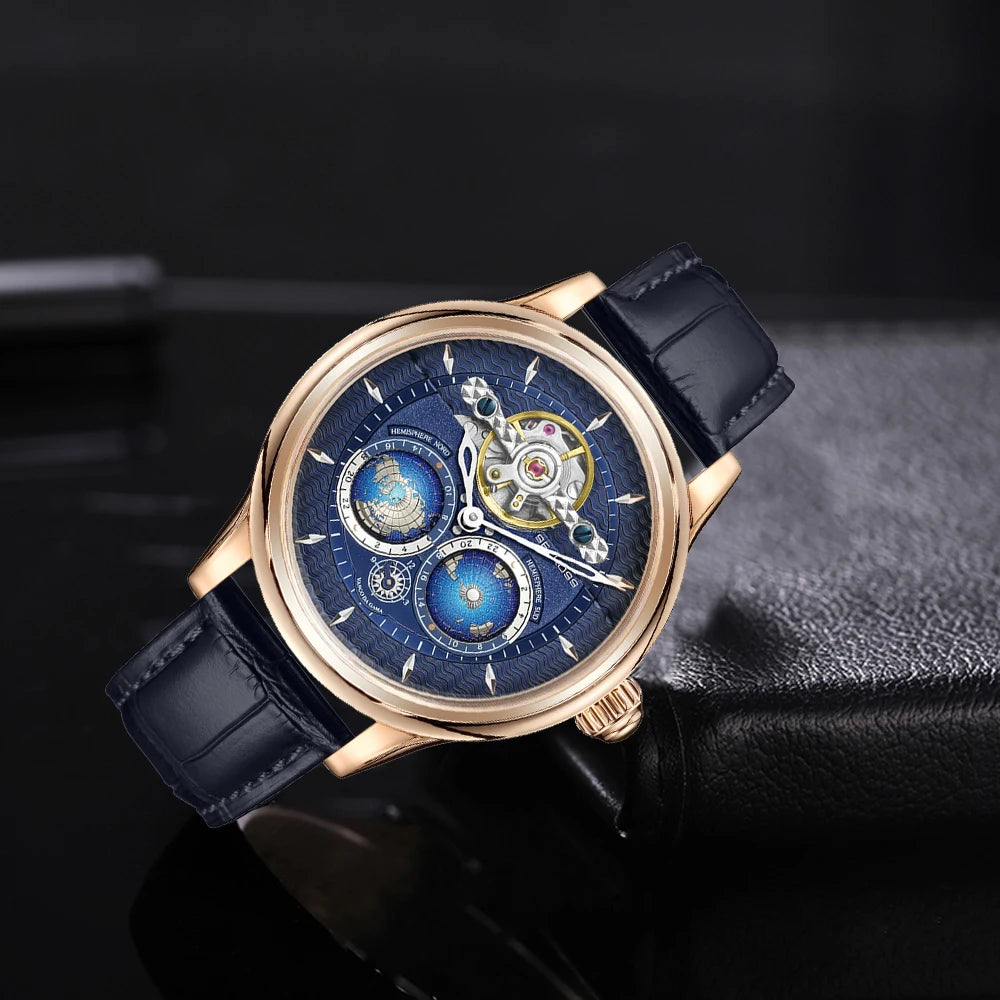 SEAKOSS 3D Luxury Double Earth Rotating Men's Mechanical Watch Automatic Movement Waterproof Clock Pilots Men 1963 Watches