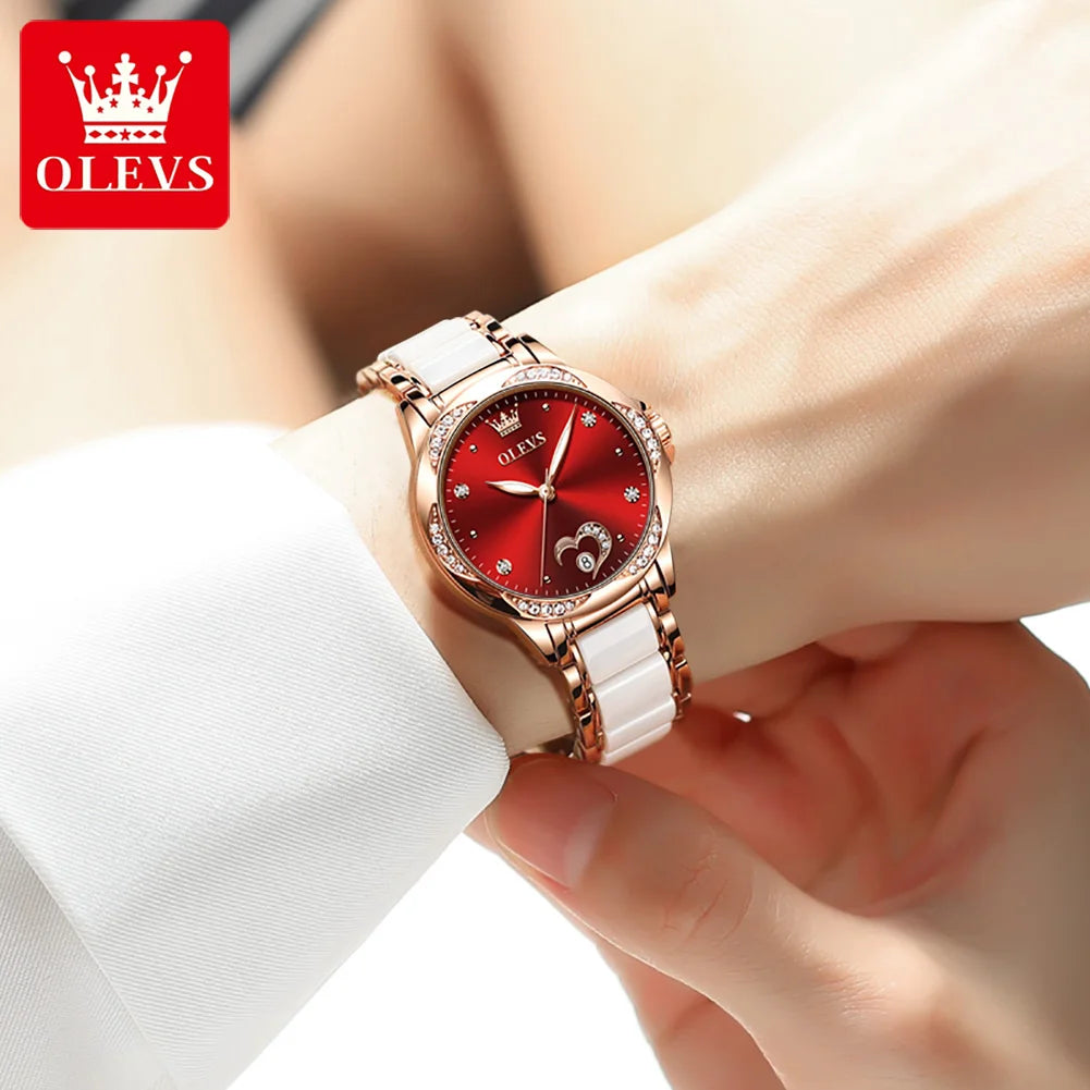 OLEVS 6631 Luxury Date Mechanical Watch For Women Original Ceramic Steel Strap Woman Wristwatch Deep Waterproof Dress Watches Brief Boxers