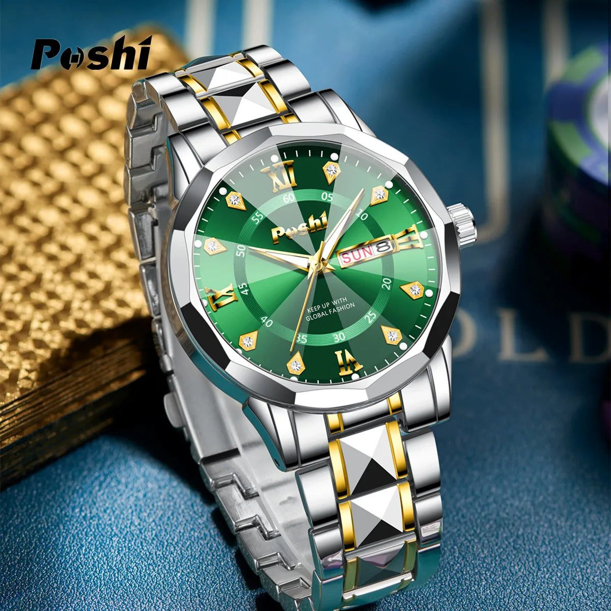 POSHI Men's Watch Date Week Fashion Watch Men Original Waterproof Non-mechanical Luminous Dual Calendar Quartz Wristwatch Brief Boxers