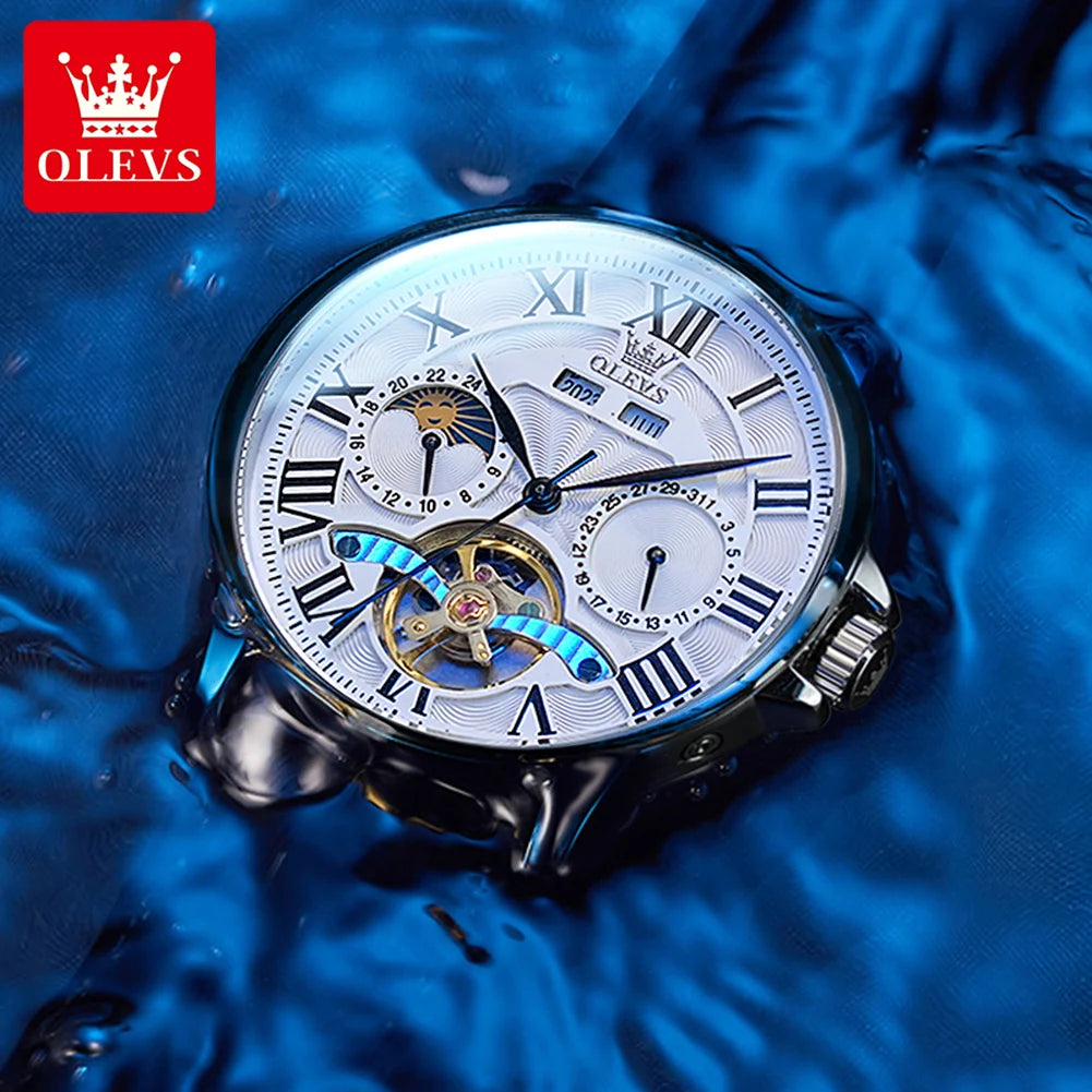 OLEVS Flywheel Skeleton Watch for Men Automatic Mechanical Wristwatch Roman Dial Moon Phase Calendar Waterproof Men's Watches Brief Boxers