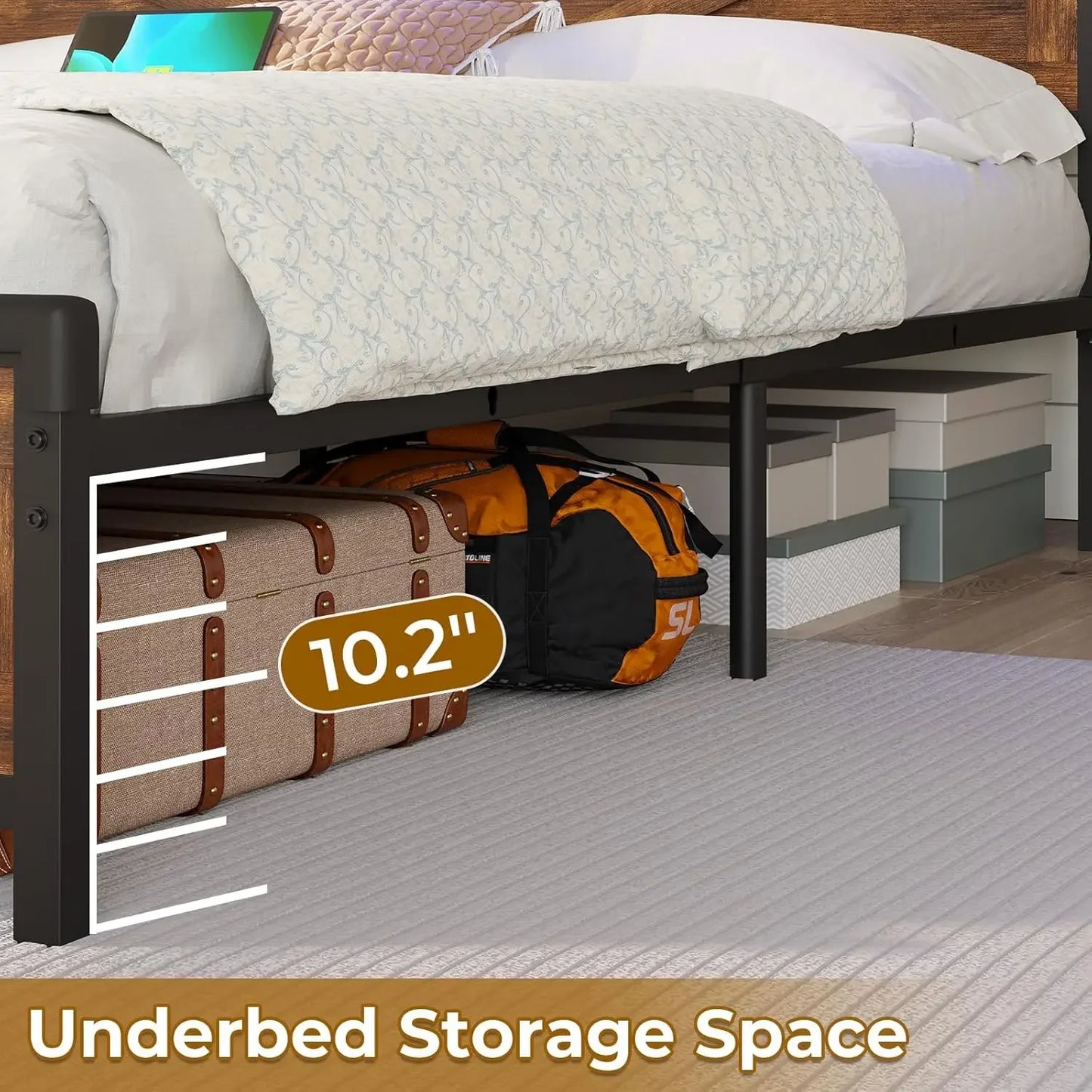 Bed Frame with Headboard Storage & Charging Station, LED Bed Frame Full/Queen/King Size with Shelves & Sliding Doors