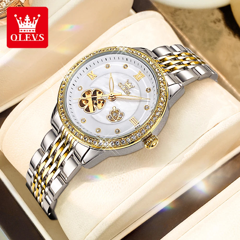 OLEVS 6706 Diamond Scale Luxury Woman Automatic Watch Hollow Mechanical Luminous Watch For Women Classic Waterproof Wristwatch Brief Boxers