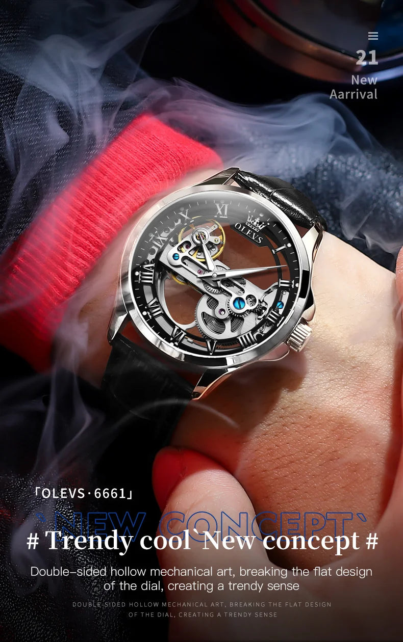 OLEVS 6661 Top Brand Automatic Mechanical Watch For Men Hollow Skeleton Roman Scale Man Watches Waterproof Business Wrist Watch Brief Boxers