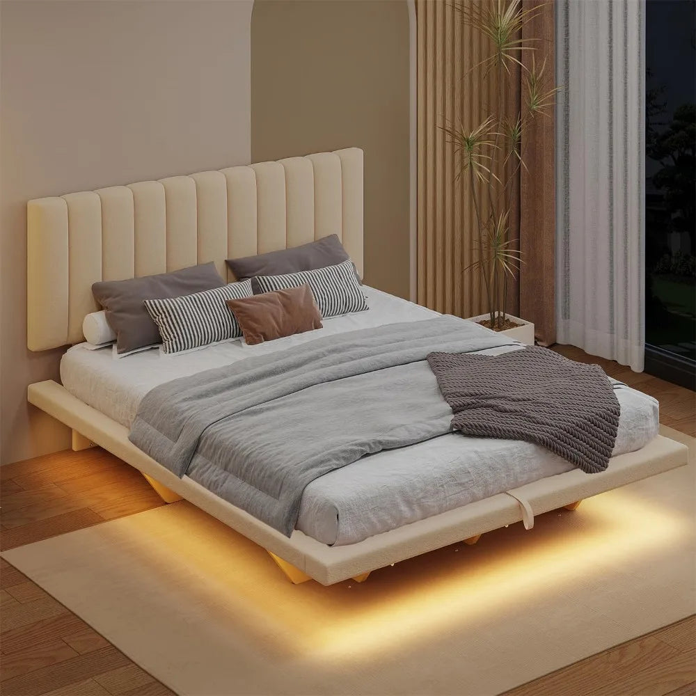 Queen Floating Bed with LED Lights，USB Charging Ports, Velvet Upholstered Bed Frame with Headboard，Hydrualic Storage Bed