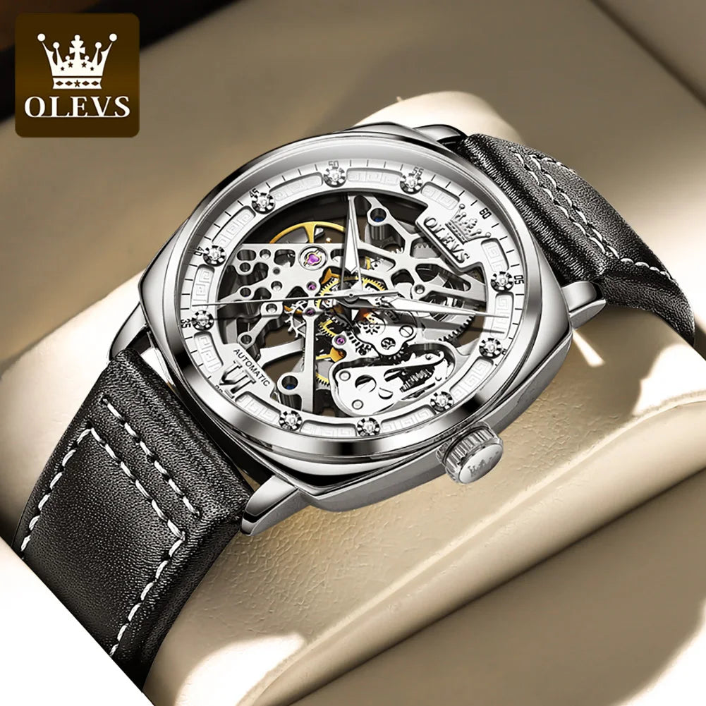 OLEVS 6651 Classic Automatic Mechanical Watch For Men Hollow Skeleton Luxury Leather Wrist Watches Waterproof Luminous Man Watch Brief Boxers