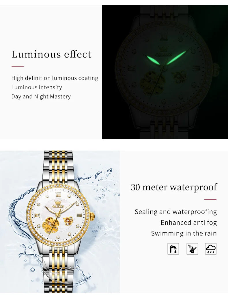 OLEVS 6706 Diamond Scale Luxury Woman Automatic Watch Hollow Mechanical Luminous Watch For Women Classic Waterproof Wristwatch Brief Boxers