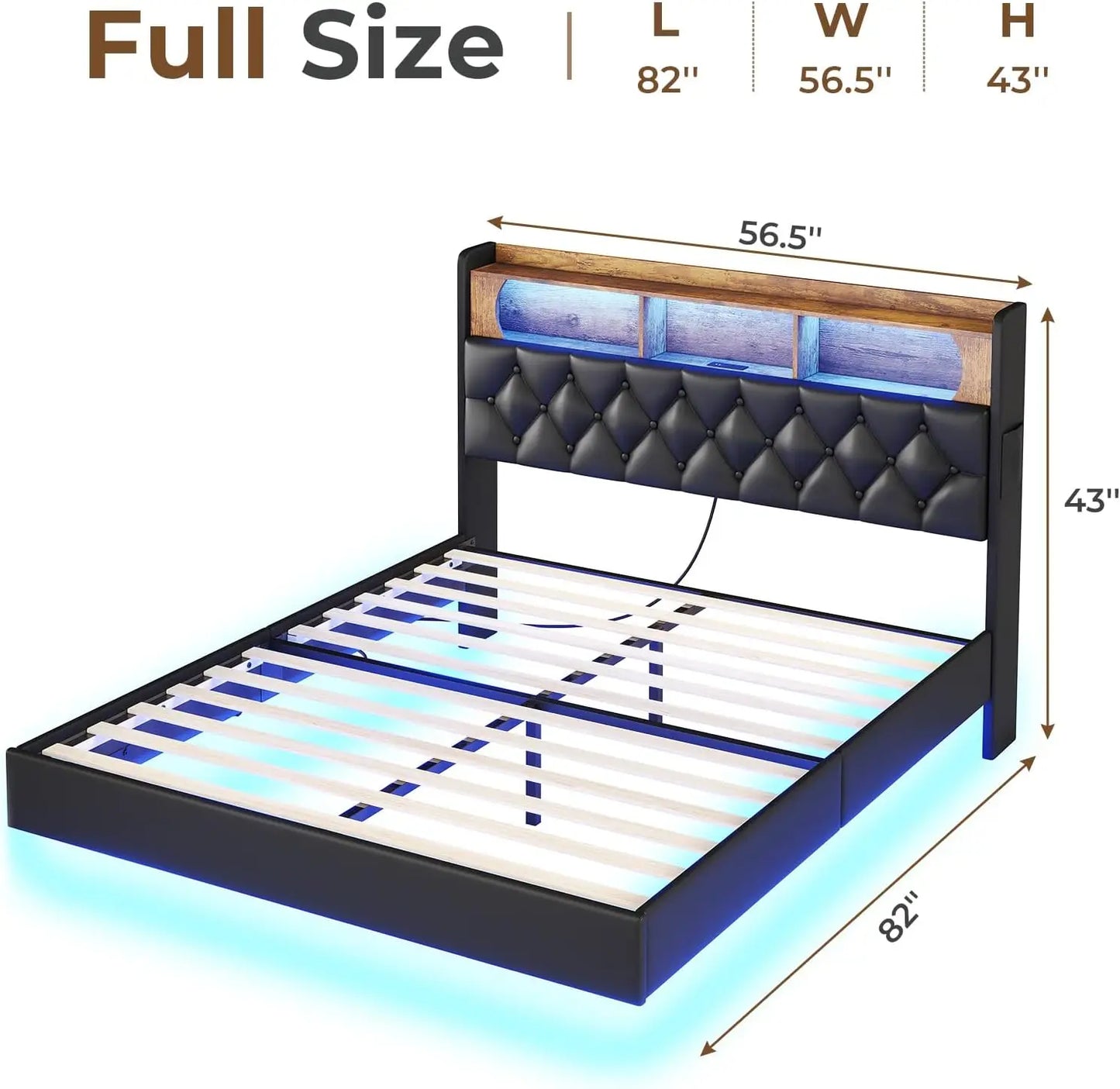 Floating Bed Frame, Floating Platform Bed with Charging Station with LED Lights & Storage Headboard, Modern LED Floating Bed