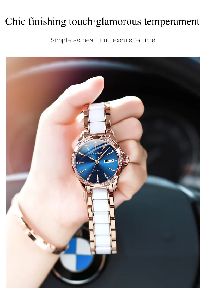 JSDUN 8821 Dual Calendar Mechanical Watch For Women Ceramic Steel Strap Luxury Wristwatch Sapphire Mirror Waterproof Woman Watch Brief Boxers