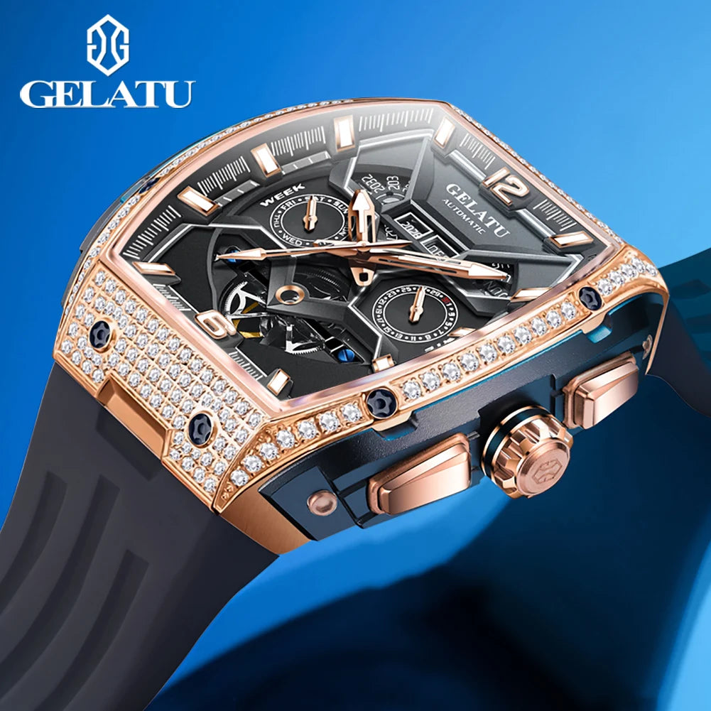 GELATU 6016 Diamond Hollow Man Mechanical Wristwatch Auto Date Deep Waterproof Watch For Men Luxury Silicone Strap Dress Watches Brief Boxers