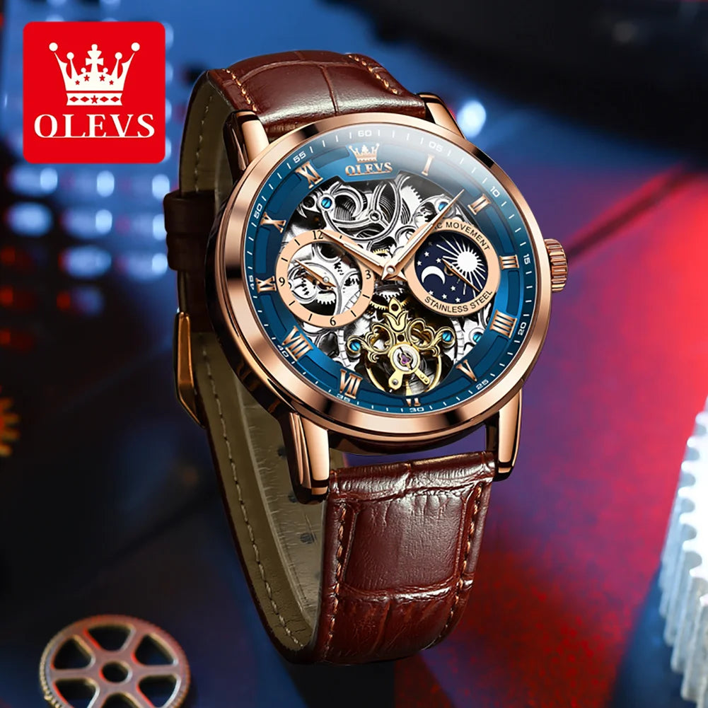 OLEVS 6670 Moon Phase Mechanical Watch For Men 44mm Big Dial Luxury Original Top Brand Man Watch Hollow Skeleton Leather Watches Brief Boxers