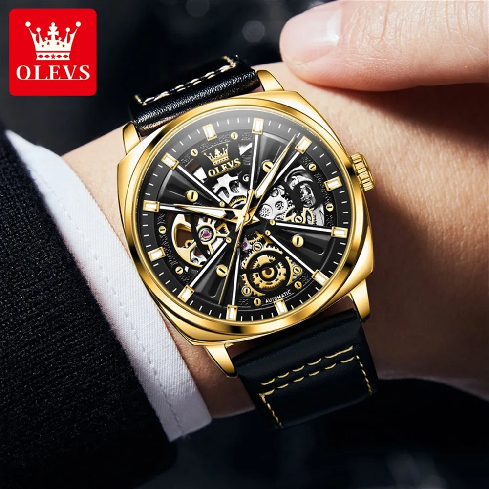 OLEVS 6685 Luxury Automatic Dress Wristwatch Hollow Skeleton Mechanical Watch For Men Waterproof Luminous Leather Man Watch 2024 Brief Boxers