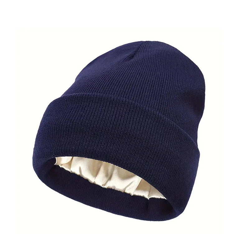 Unisex Satin Lined Anti Static Beanie Hat For Women Winter Silk Lining Slouchy Warm Cuffed 2Layer Hair Cover Sleep Cap Brief Boxers