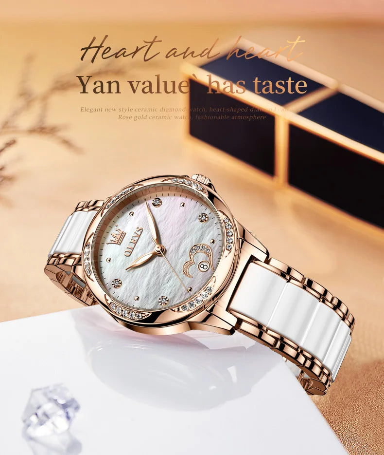 OLEVS 6631 Luxury Date Mechanical Watch For Women Original Ceramic Steel Strap Woman Wristwatch Deep Waterproof Dress Watches Brief Boxers