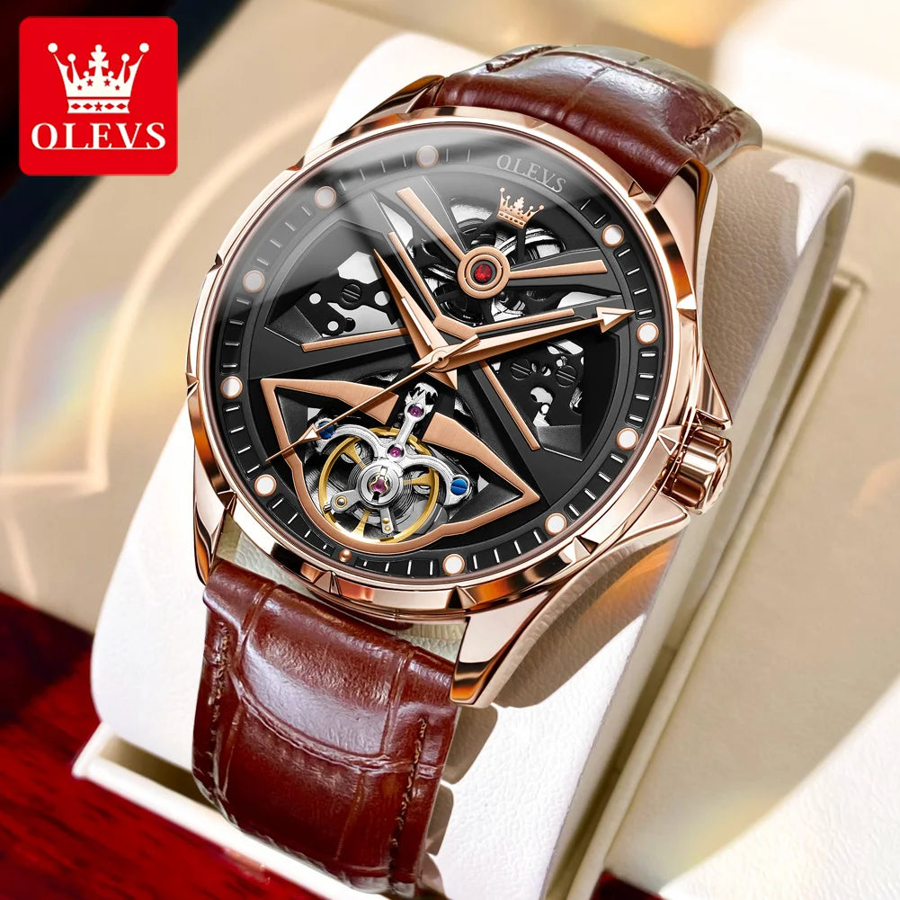 OLEVS 6655 Original Hollow Fashion Mechanical Watch For Men 42mm Big Dial Automatic Wristwatch Waterproof Luminous Dress Watches Brief Boxers