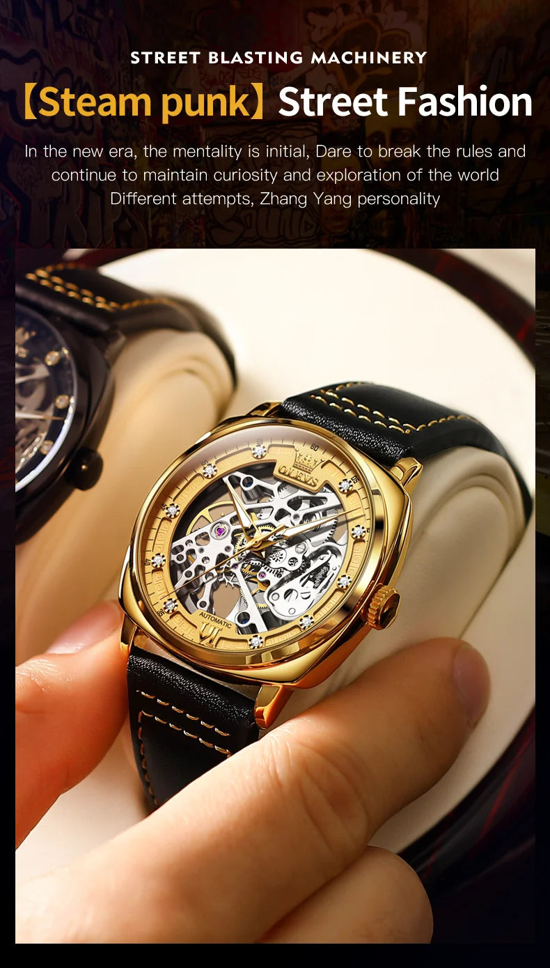 OLEVS 6651 Classic Automatic Mechanical Watch For Men Hollow Skeleton Luxury Leather Wrist Watches Waterproof Luminous Man Watch Brief Boxers