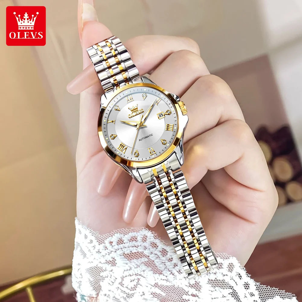 OLEVS 6702 Fashion Elegant Woman Mechanical Wristwatch Roman Scale Luminous Waterproof Watch For Woman Calendar Luxury Watches Brief Boxers