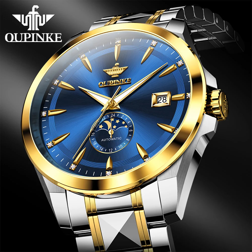 OUPINKE 3292 Fashion Moon Phase Men Automatic Watch 50M Deep Waterproof Mechanical Watch For Men Date Business Man Wristwatch Brief Boxers