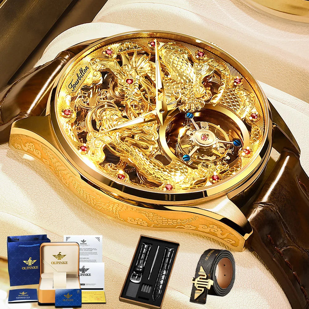 OUPINKE 3176 Top Brand Tourbillon Dragon Watch For Men Sapphire Mirror Luxury Mechanical Wristwatch Hollow Waterproof Watches Brief Boxers