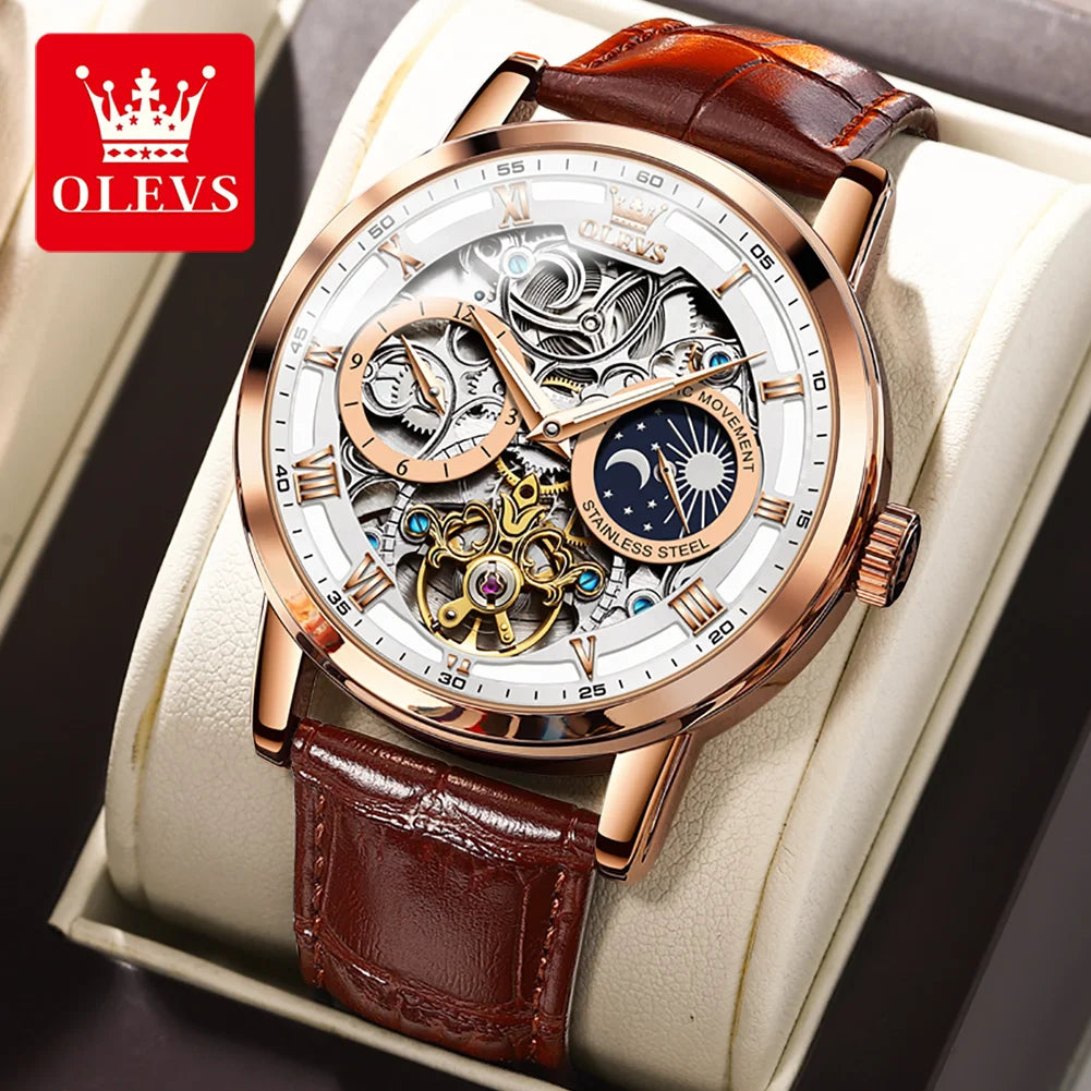 OLEVS 6670 Moon Phase Mechanical Watch For Men 44mm Big Dial Luxury Original Top Brand Man Watch Hollow Skeleton Leather Watches Brief Boxers