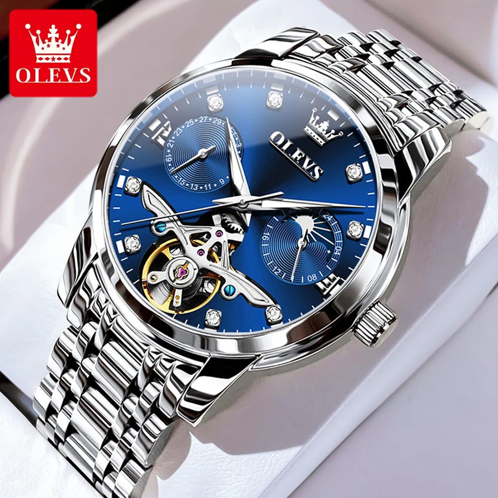 OLEVS 6703 Diamond Scale Luxury Mechanical Man Wristwatch Hollow Skeleton Luminous Waterproof Watch For Men Moon Phase Watches Brief Boxers