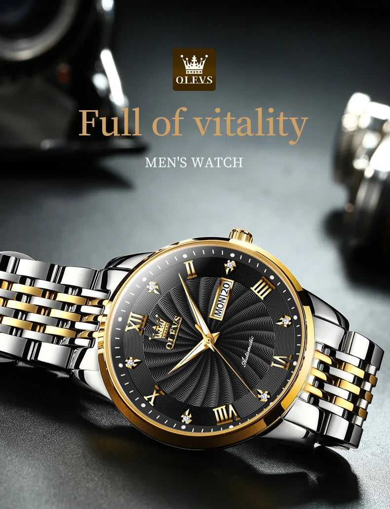 OLEVS 6630 Fashion Business Mechanical Watch For Men Dual Calendar Luminous Wristwatch Roman Scale Deep Waterproof Man Watches Brief Boxers