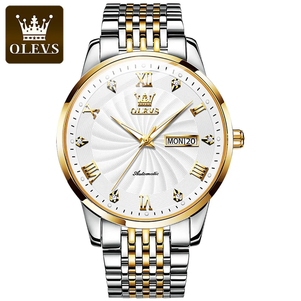 OLEVS 6630 Fashion Business Mechanical Watch For Men Dual Calendar Luminous Wristwatch Roman Scale Deep Waterproof Man Watches Brief Boxers