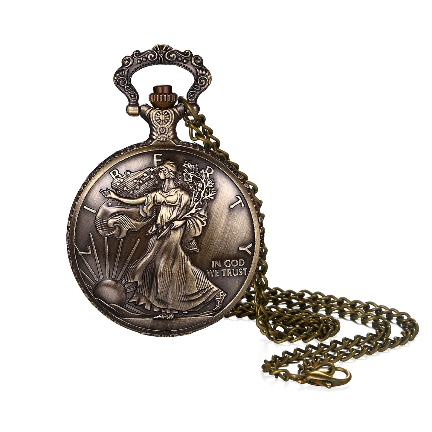 LANCARDO Vintage Bronze American Statue of Liberty Quartz Pocket Watch Chain Unisex Men's Sweater Chain Necklace Pocket Watch