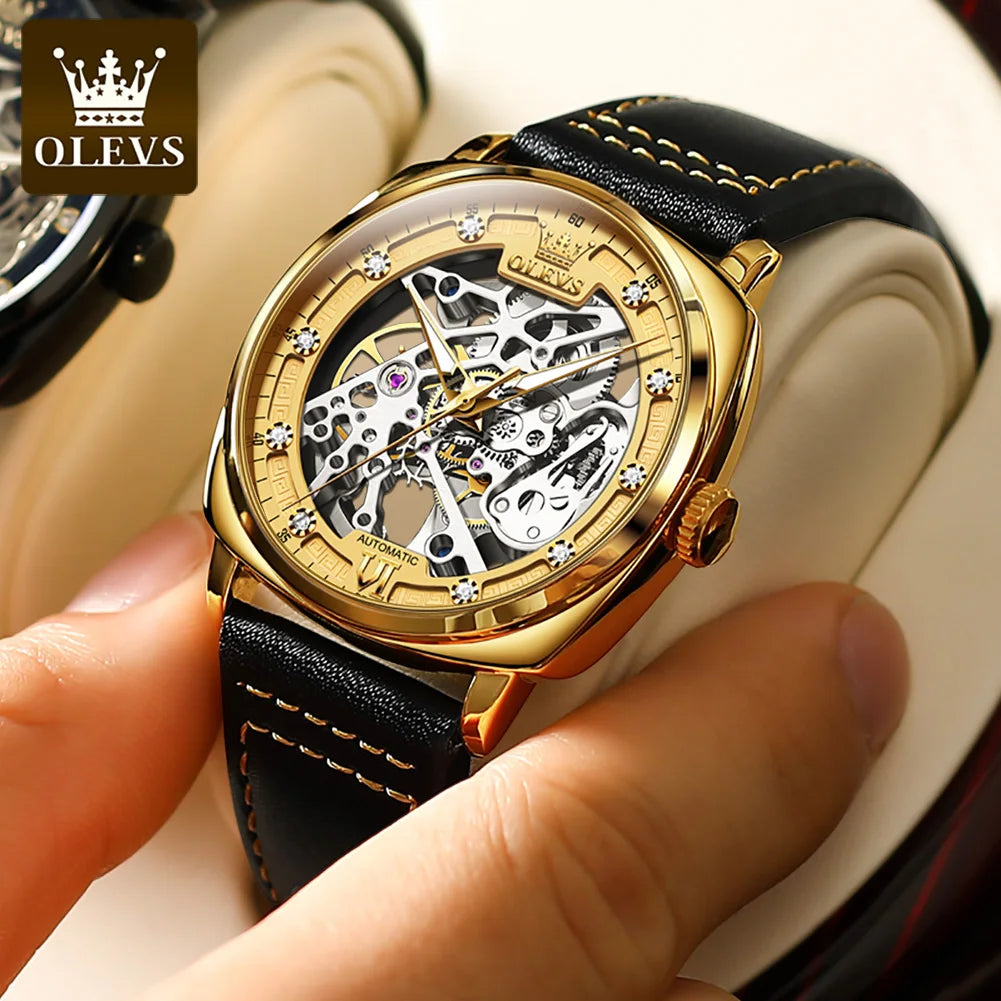 OLEVS 6651 Classic Automatic Mechanical Watch For Men Hollow Skeleton Luxury Leather Wrist Watches Waterproof Luminous Man Watch Brief Boxers