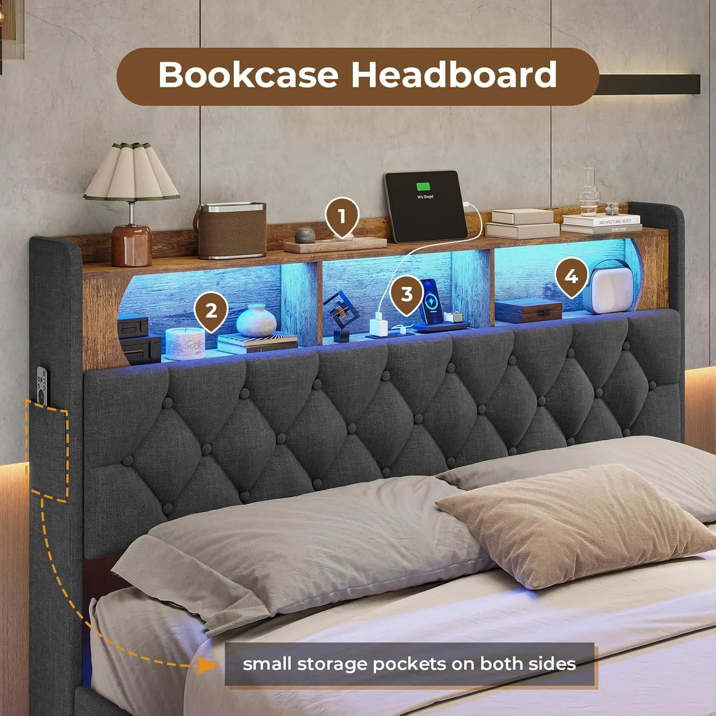 Floating Bed Frame, Floating Platform Bed with Charging Station with LED Lights & Storage Headboard, Modern LED Floating Bed