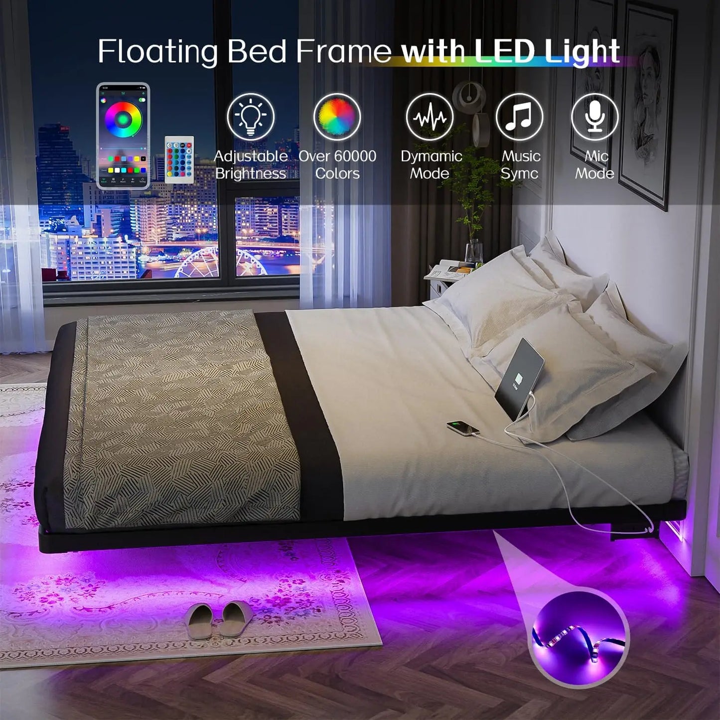 Floating Bed Frame Queen Size with Smart LED Lights and Charging Station - Modern Metal Platform Bed, Easy Assembly