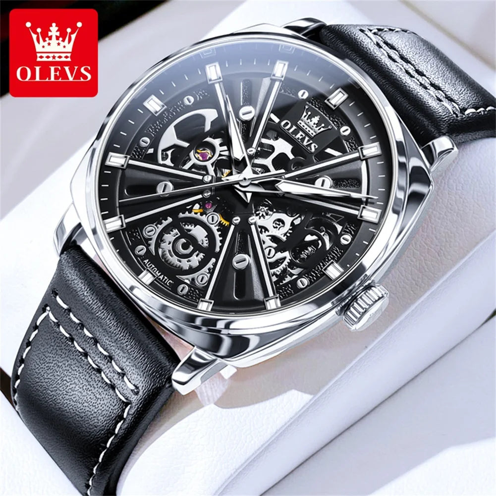 OLEVS 6685 Luxury Automatic Dress Wristwatch Hollow Skeleton Mechanical Watch For Men Waterproof Luminous Leather Man Watch 2024 Brief Boxers