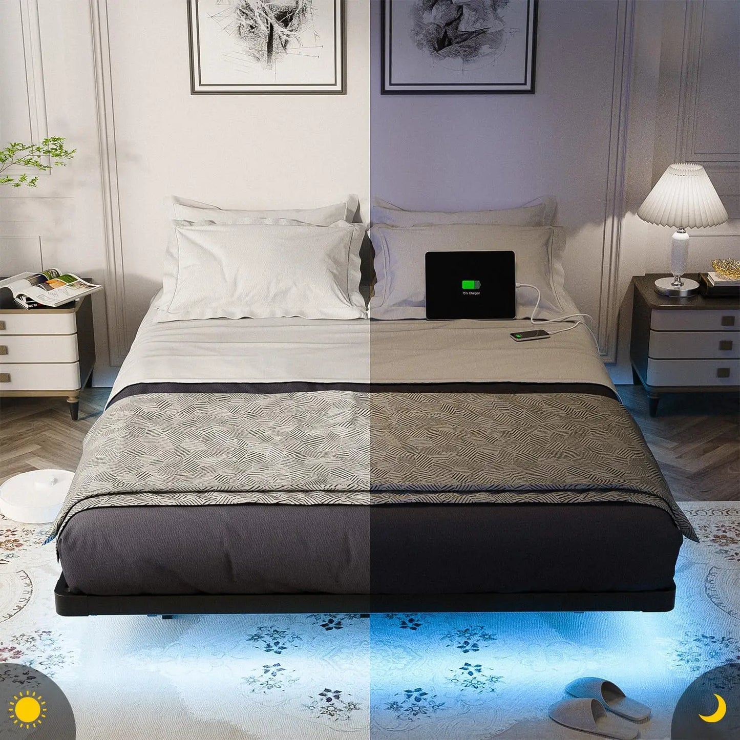 Floating Bed Frame Queen Size with Smart LED Lights and Charging Station - Modern Metal Platform Bed, Easy Assembly