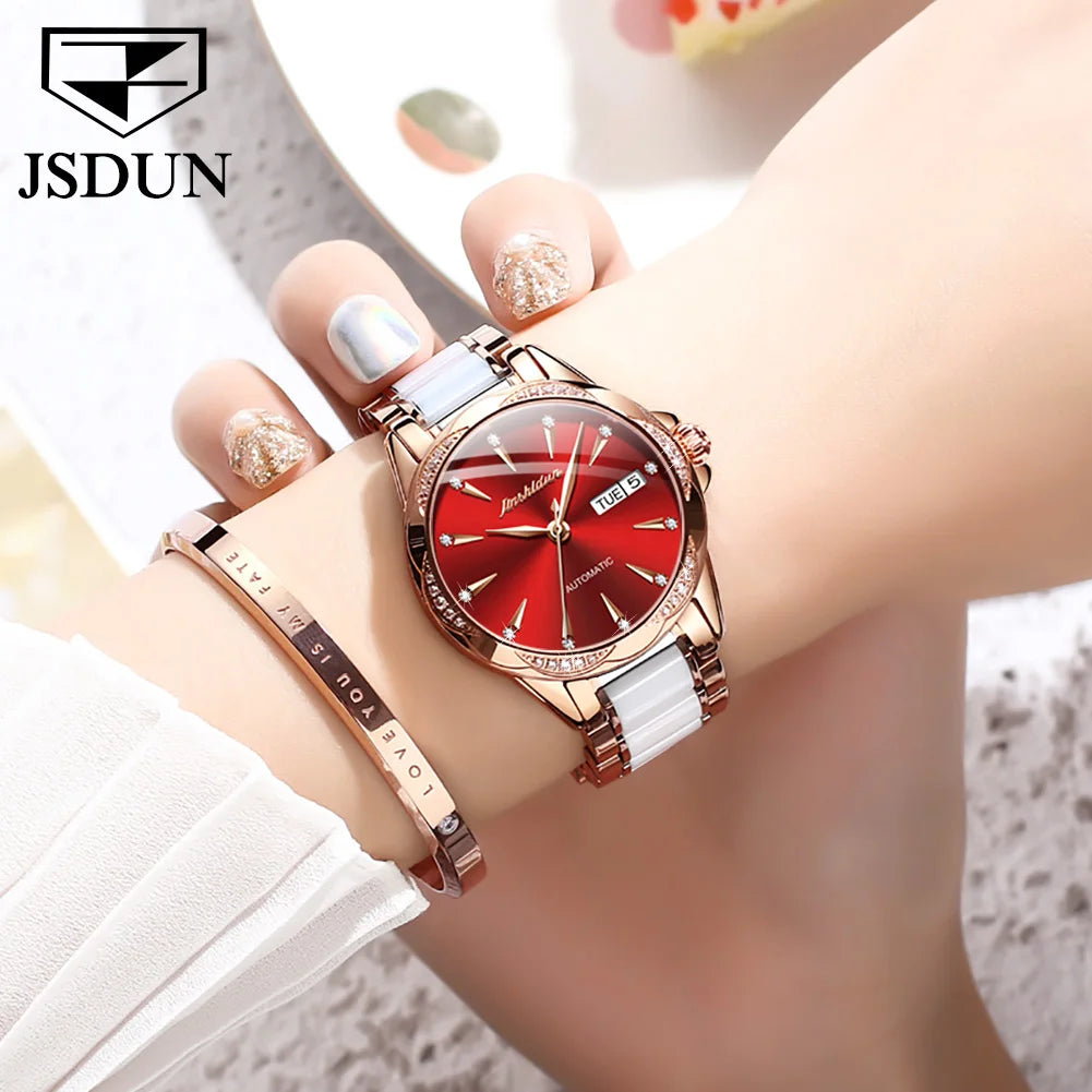 JSDUN 8821 Dual Calendar Mechanical Watch For Women Ceramic Steel Strap Luxury Wristwatch Sapphire Mirror Waterproof Woman Watch Brief Boxers