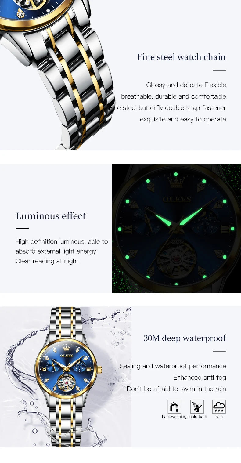 OLEVS 6608 Moonswatch Mechanical Watch For Women Hollow Original Diamond Luxury Wristwatch Waterproof Top Brand Woman Watches Brief Boxers