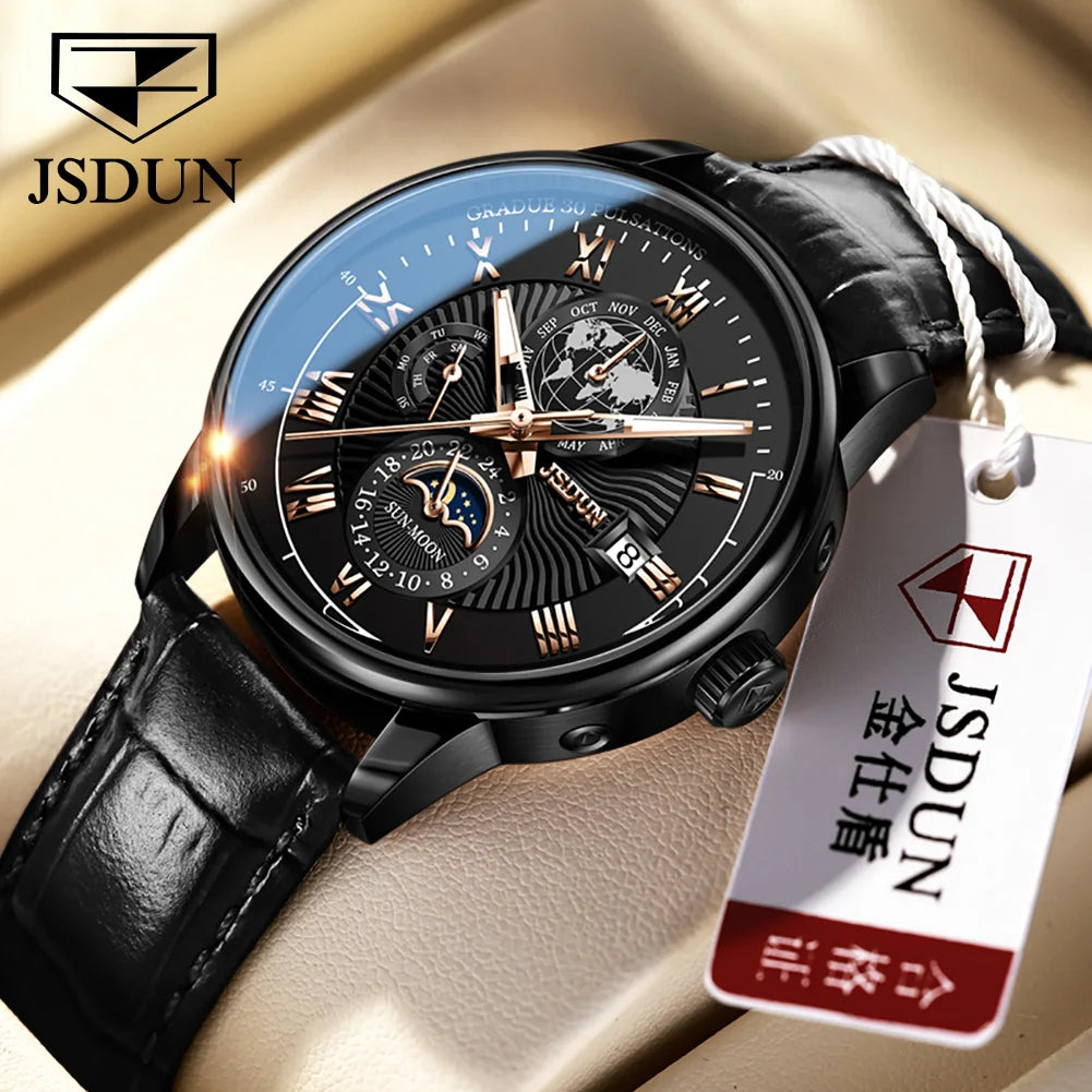 JSDUN 8909 Top Brand Mechanical Watch For Men 24 Hours Display Original Wristwatch Moon Phase Waterproof Classic Man Watches Brief Boxers