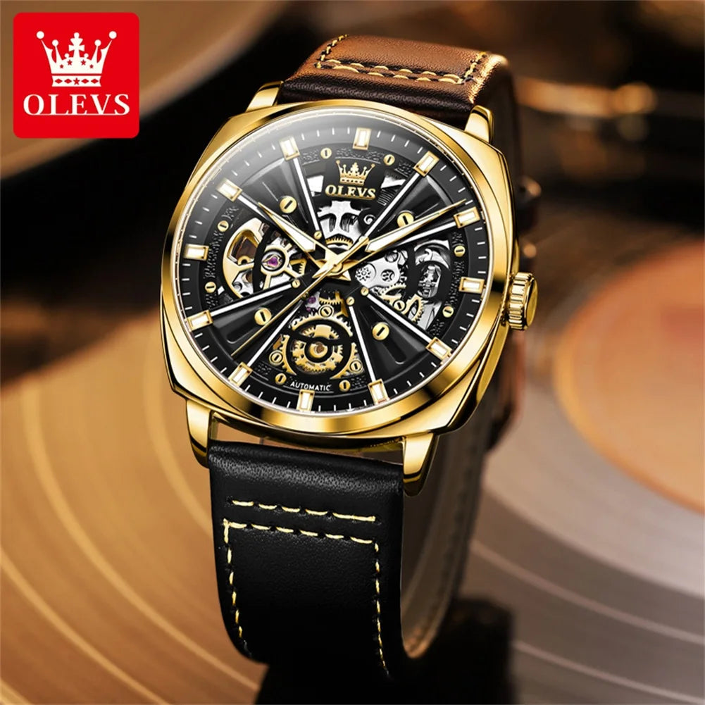 OLEVS 6685 Luxury Automatic Dress Wristwatch Hollow Skeleton Mechanical Watch For Men Waterproof Luminous Leather Man Watch 2024 Brief Boxers