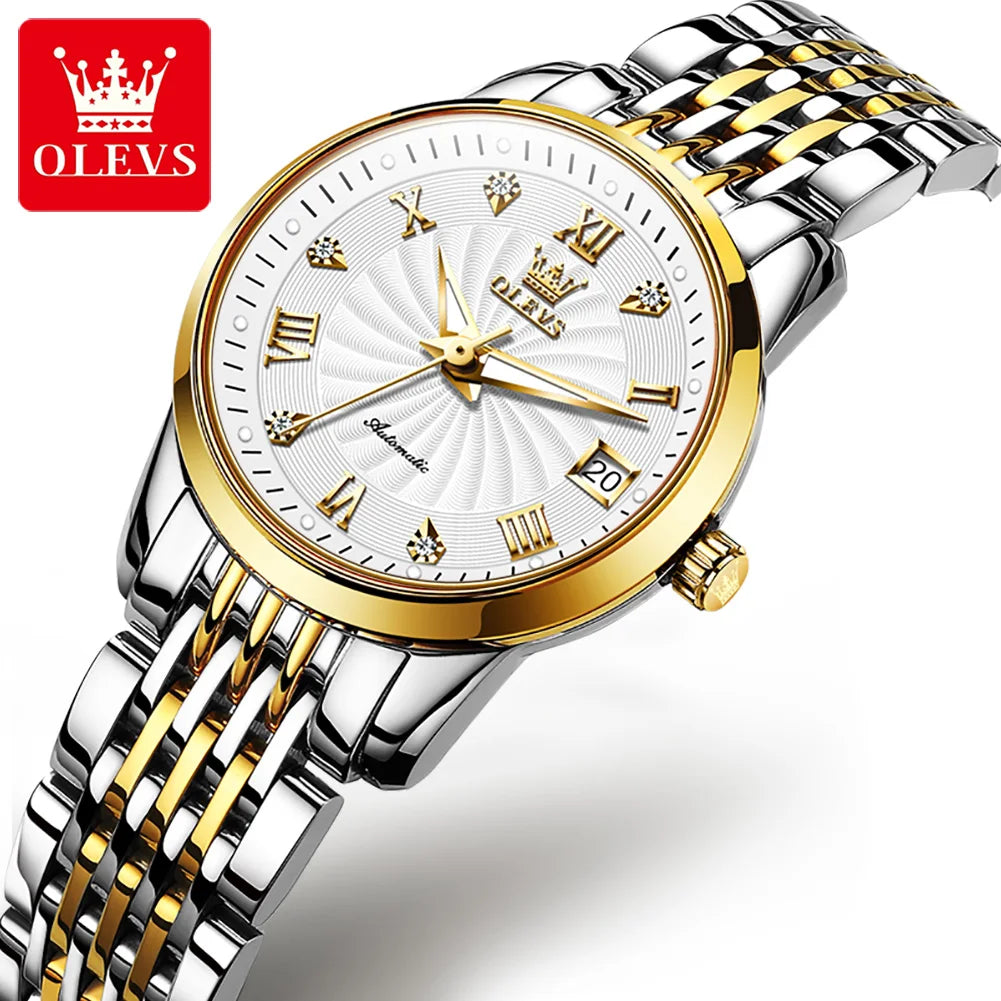 OLEVS 6630 Auto Date Mechanical Watch For Women Stainless Steel Luminous Fashion Wristwatch Roman Scale Waterproof Woman Watches Brief Boxers