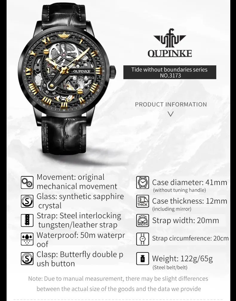 OUPINKE 3173 Top Brand Mechanical Watch For Men Hollow Deep Waterproof Automatic Wristwatch Roman Scale Original Man Watches Brief Boxers