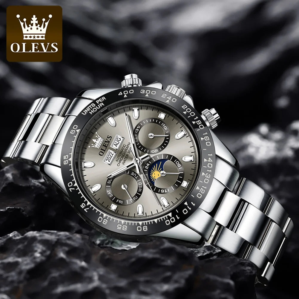 OLEVS 6654 Moon Phase Fashion Mechanical Watch For Men Auto Date Stainless Steel Dress Wristwatch Waterproof Luminous Man Watch Brief Boxers