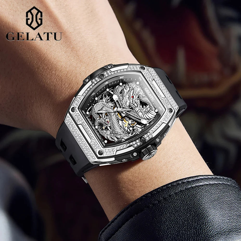 GELATU 6021 Hollow Dragon Luxury Mechanical Watch For Men Big Dial Automatic Wristwatch Deep Waterproof Luminous Man Watches Brief Boxers