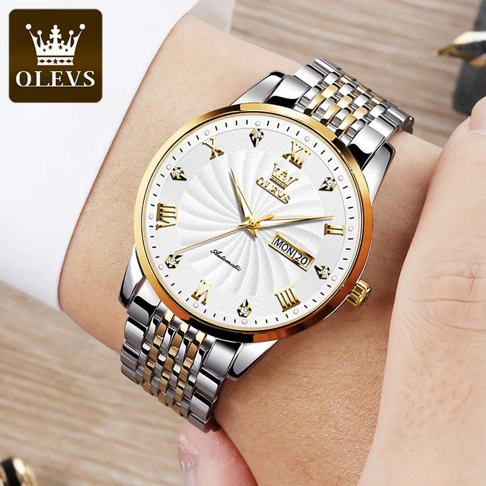 OLEVS 6630 Fashion Business Mechanical Watch For Men Dual Calendar Luminous Wristwatch Roman Scale Deep Waterproof Man Watches Brief Boxers