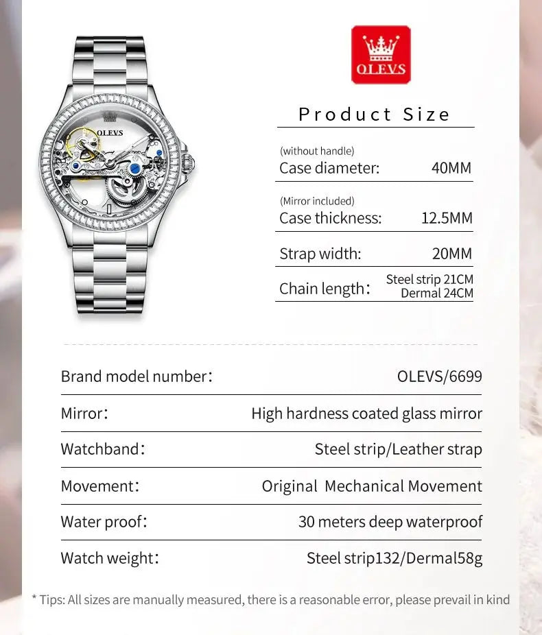 OLEVS 6699 Luxury Original Mechanical Watch For Women Hollow Skeleton Top Brand Wristwatch Waterproof Fashion Woman Watches 2024 Brief Boxers