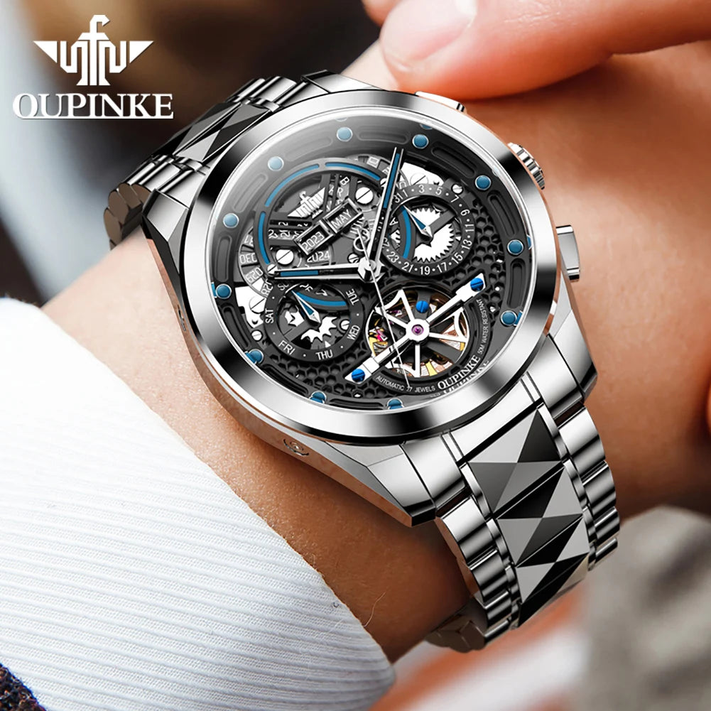 OUPINKE 3249 Top Brand Original Mechanical Watch For Men Hollow Skeleton Synthetic Sapphire Mirror Wristwatch Waterproof Watches Brief Boxers