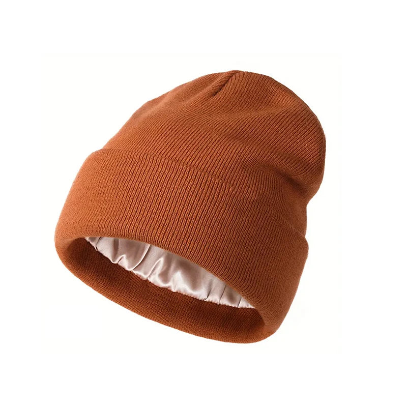 Unisex Satin Lined Anti Static Beanie Hat For Women Winter Silk Lining Slouchy Warm Cuffed 2Layer Hair Cover Sleep Cap Brief Boxers