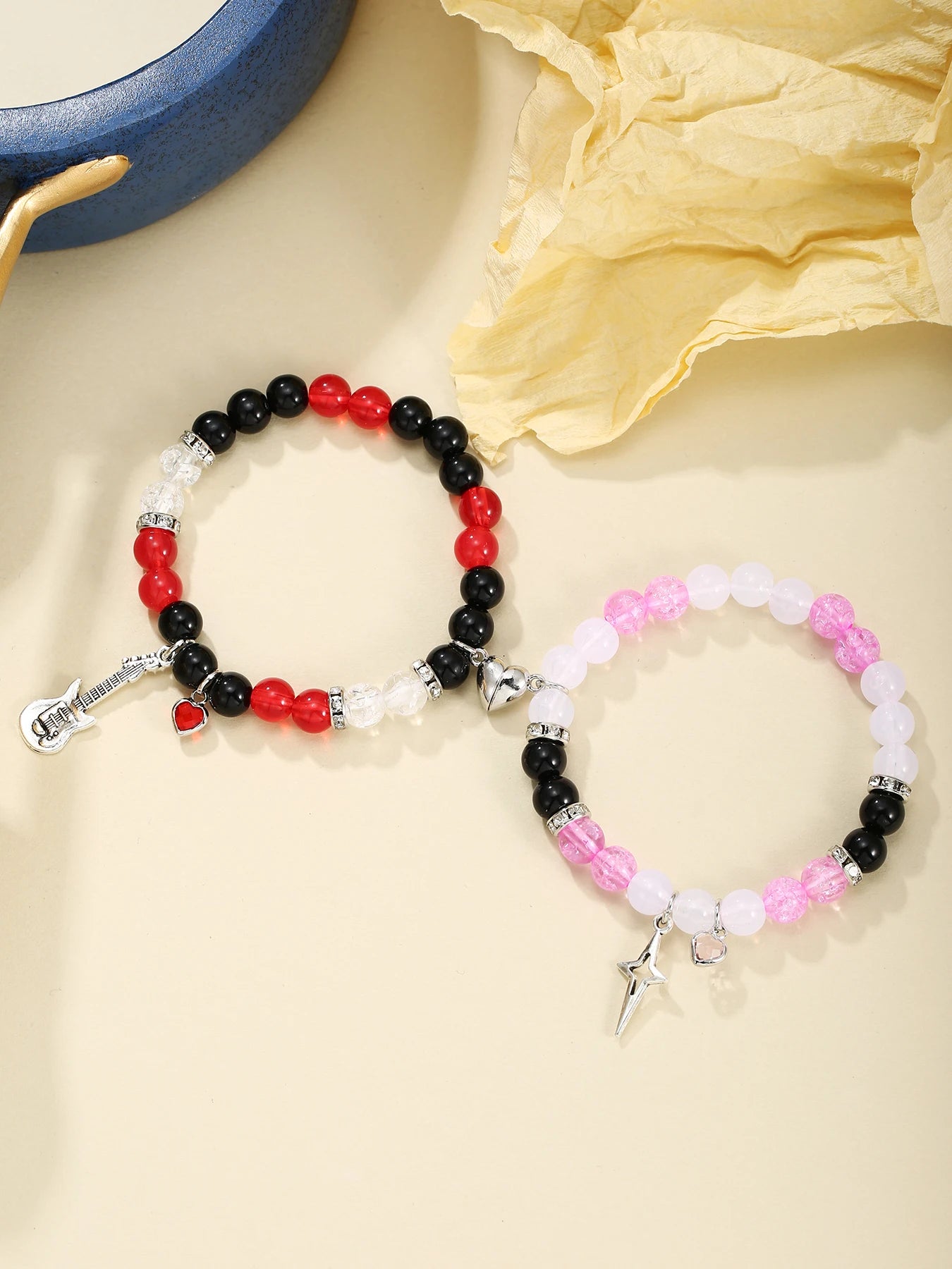 2 Pcs Magnetic Spider Bracelets, Couple Bracelet,Lover Bracelets, Energy Stone Beads, Animal Charm Bracelet GUITAR