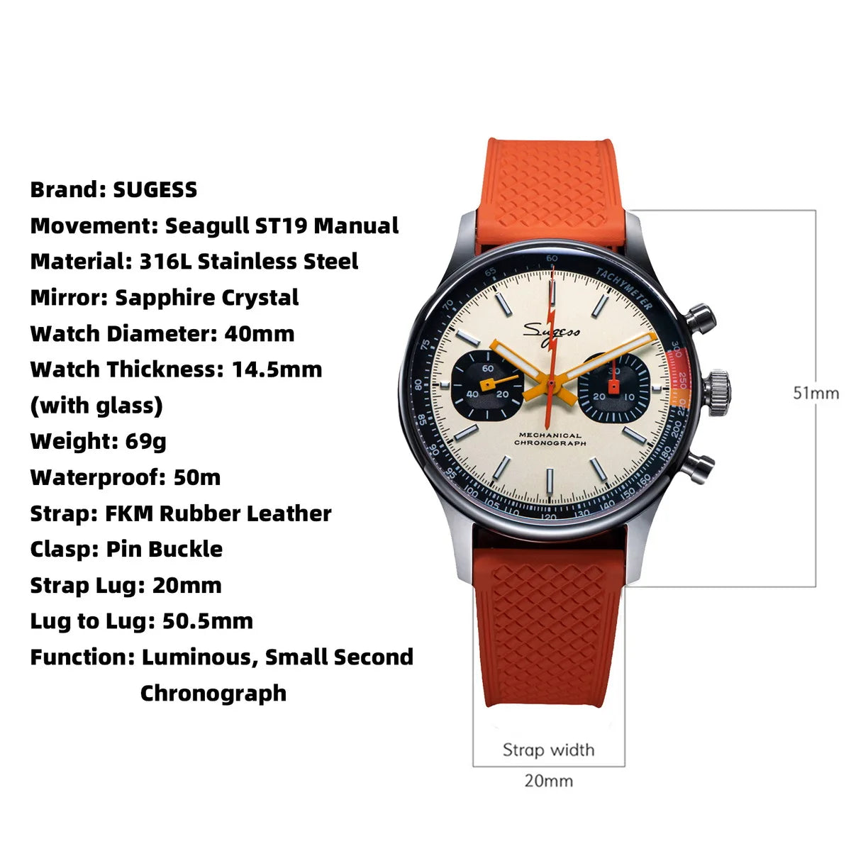 Sugess Pilot Watch ST19 Origin Movement Swanneck Wristwatch Mechanical Chronograph Sappire Crystal Military Limited Racing 1963