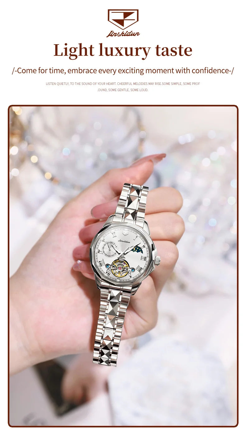 JSDUN 8937 Luxury Elegant Mechanical Wristwatch Roman Scale 50M Waterproof Watch For Women Hollow Skeleton Fashion Dress Watches Brief Boxers