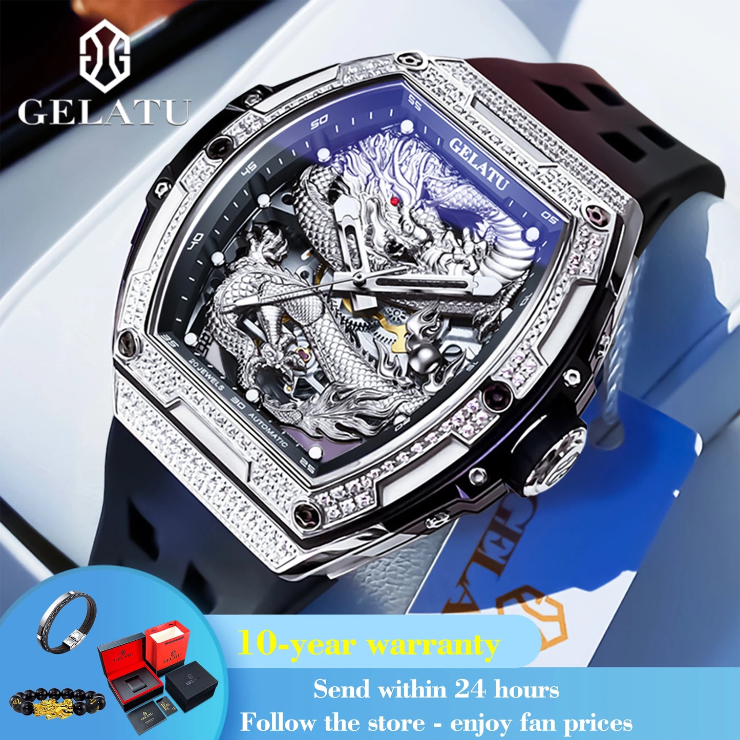 GELATU 6021 Hollow Dragon Luxury Mechanical Watch For Men Big Dial Automatic Wristwatch Deep Waterproof Luminous Man Watches Brief Boxers