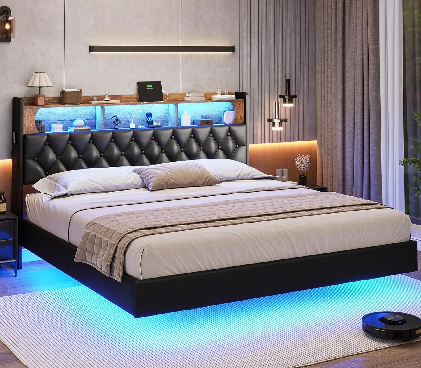 Floating Bed Frame, Floating Platform Bed with Charging Station with LED Lights & Storage Headboard, Modern LED Floating Bed